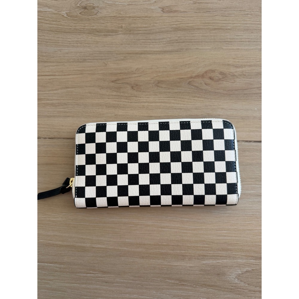 Clare V. Checkerboard Zip Around Wallet Black White Green Leather Made in Italy